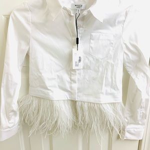 Milly Minis Cotton Stretch Blouse w/ Feather Trim